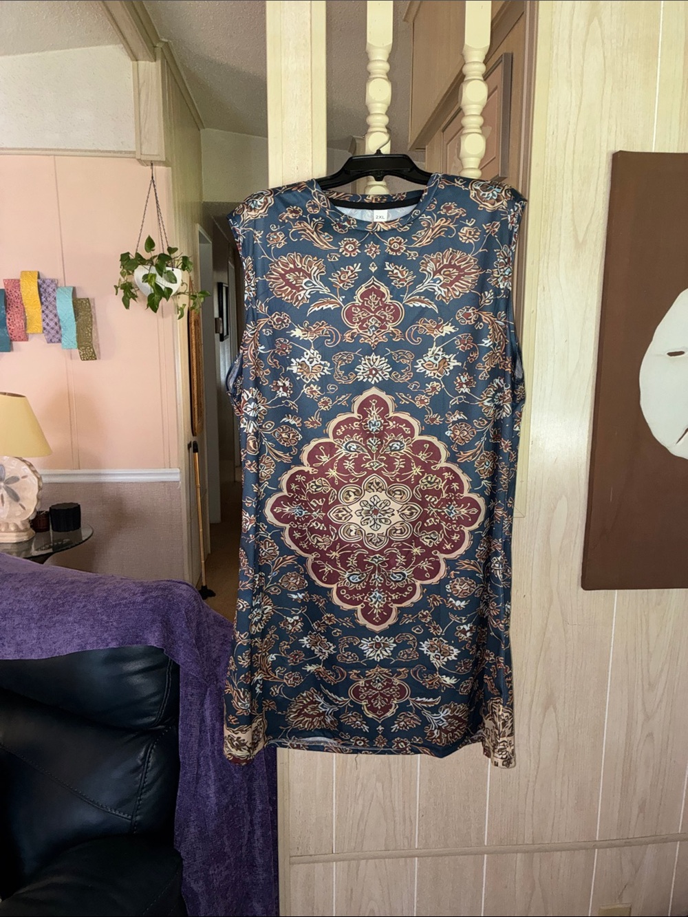 Sleeveless Blue and Burgundy Medallion Pattern Dress -